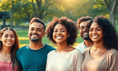 A diverse group of people smiling confidently in a sunlit park with soft pastel colors and gentle sunlight, symbolizing self-love and acceptance.