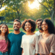 A diverse group of people smiling confidently in a sunlit park with soft pastel colors and gentle sunlight, symbolizing self-love and acceptance.