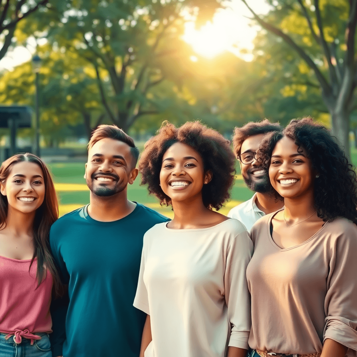 A diverse group of people smiling confidently in a sunlit park with soft pastel colors and gentle sunlight, symbolizing self-love and acceptance.