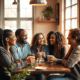 A group of friends smiling and chatting warmly in a sunlit cafe with cozy decor, creating a calm and inviting atmosphere.