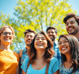 A group of happy people outdoors on a sunny day, smiling under clear blue skies with green trees, radiating positive energy and joy.
