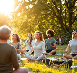 A group practicing mindfulness outdoors in a sunlit green setting, exuding calmness and positive mental well-being.