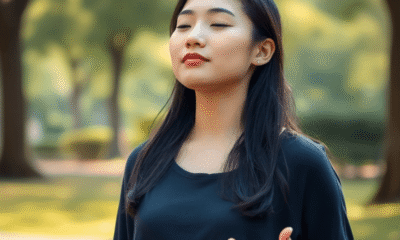 Young adult woman practicing deep breathing in a peaceful park with soft natural light and lush greenery, symbolizing relaxation and anxiety relief.