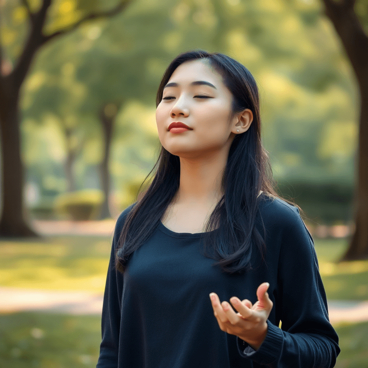 Young adult woman practicing deep breathing in a peaceful park with soft natural light and lush greenery, symbolizing relaxation and anxiety relief.
